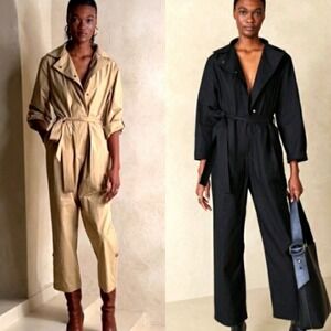 Banana Republic Black Poplin Belted Utility‎ Jumpsuit Women's XS Roll Sleeve